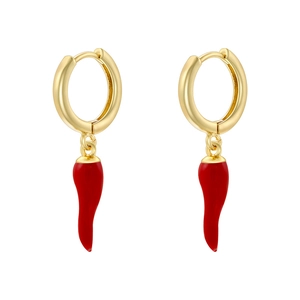 Detailed macro view of gold hoop earrings with vibrant red enamel chili pepper pendants