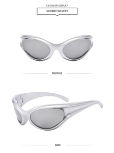 Silver Y2K futuristic wrap around sunglasses showing front and side view on white background