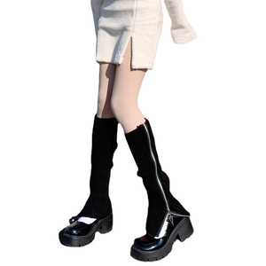 Y2K knitted leg warmers with zipper design and black patent leather shoes