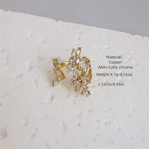 Adjustable 18K gold plated copper leaf ring with AAA cubic zirconia in wheat ear design