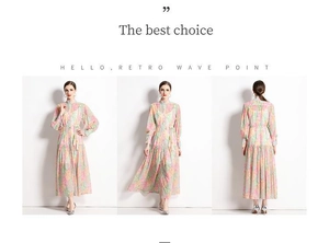 Three views of floral long sleeve dress with stand collar and tied waist detailing