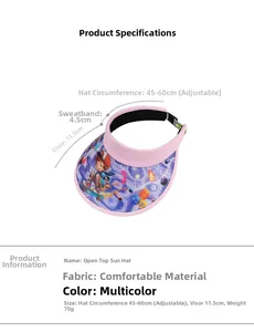 Tableau des tailles de la visière rose avec tête réglable et détails du bandeau