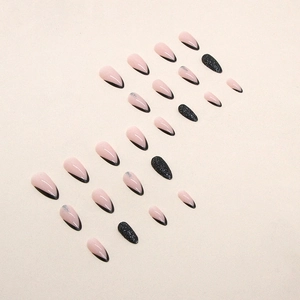 French tip almond press-on nails in black glitter and nude pink glossy finish