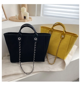 Detalle de bolsos tote de lona amarillos y negros con correas de cadena plateadas finas