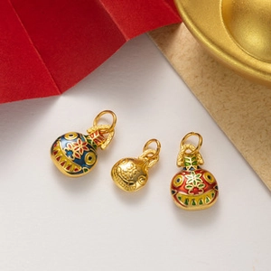 Detailed view of colorful enamel and gold-plated gourd charms for DIY medical jewelry crafts