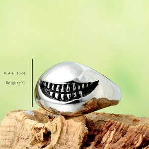 Retro titanium steel shark smile ring, 15mm width punk gothic style jewelry for men