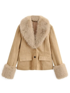 Detail of camel faux suede jacket featuring detachable faux fur collar and cuff trim