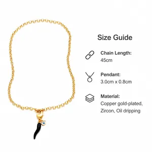 Detailed view of evil eye and chili pendant dimensions with 18k gold plating details