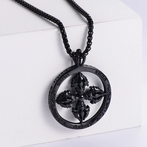 Retro punk stainless steel pendant with double vajra design and Gothic engraving