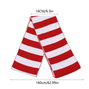 Detail view of red and white striped knit scarf dimensions 16cm width and 160cm length