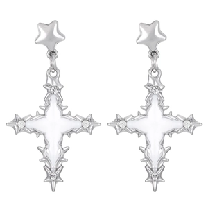 Silver star and cross drop earrings featuring crystal accents and white enamel inlay