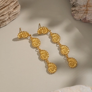 Chic 18K gold plated stainless steel tiered shell drop earrings in a vertical link design