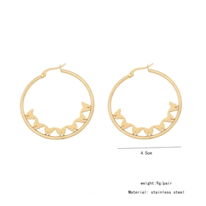 Detail of gold hollow butterfly hoop earrings in stainless steel with 4.5cm diameter