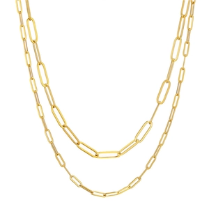 Double-layered gold paperclip chain necklace in high-polished stainless steel finish