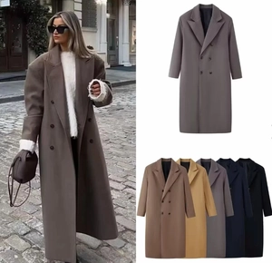 Detail view of double-breasted long wool coat in multiple colors including khaki and grey