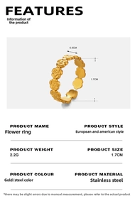 Detailed view of hollow flower ring dimensions and stainless steel material specifications