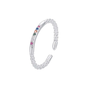 Adjustable S925 silver ring with colorful zircons and textured band on white background