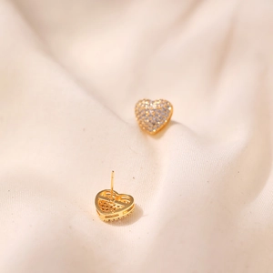 Minimalist 18K gold plated heart stud earrings with sparkling pave-set cubic zirconia stones