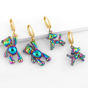 Iridescent Colorful Copper Balloon Dog Teddy Bear Hoop Earrings Hip Hop Rainbow Animal Jewelry For Women
