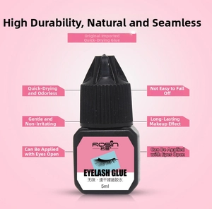 Close-up of ROSIN 5ml eyelash extension glue bottle with fast-drying feature description