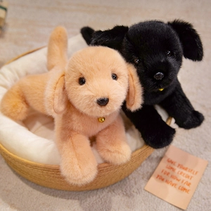 Peluches de Golden Retriever couchées avec clochettes dans un panier tressé
