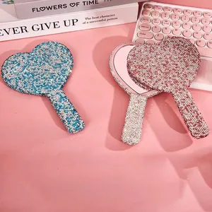Elegant Rhinestone Handheld Makeup Mirror ABS Frame Sparkling Heart Round Square Shape Vanity Tool Portable Gift