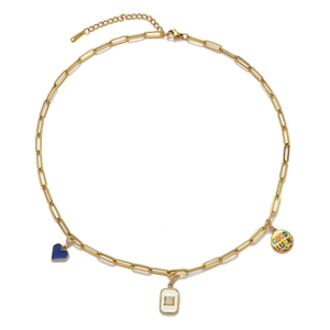 Detail of gold stainless steel necklace with blue heart, lucky charm and white tag