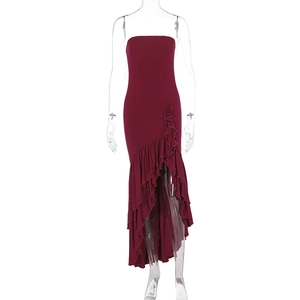 Detail view of burgundy off-shoulder dress with asymmetrical ruffled hemline