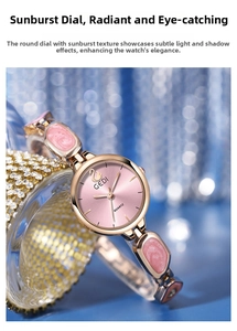 Detail of GEDI luxury watch featuring a rose gold chain strap and sunburst pink dial