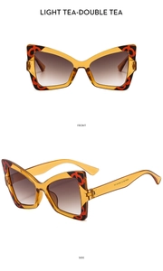 Front and side views of butterfly sunglasses with light tea lenses and leopard temples