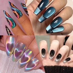 6-in-1 nail art magnet tool creating holographic cat eye effects on diverse nail tips