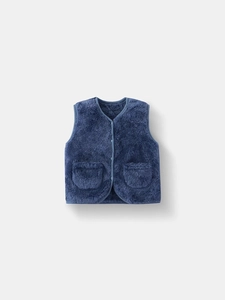 Gilet in pile blu navy per bambini con scollo a V e tasche per l'autunno e l'inverno