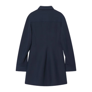 Navy blue slim fit coat for women with minimalist back tailoring and structured collar