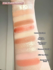 Arm swatches of matte, bronze, champagne, diamond highlighters and blush shades