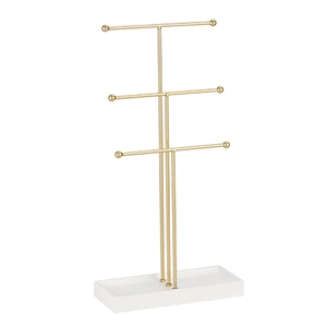 Three-tier gold metal jewelry display stand with white rectangular storage base tray