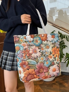 Ethnic style floral embroidery canvas tote bag with thick rope handles for women