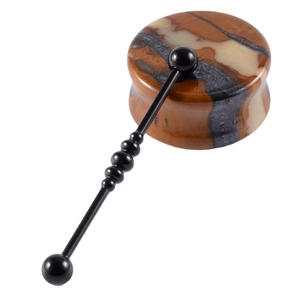 Industrial stainless steel barbell and stone ear plug set with decorative bead detailing