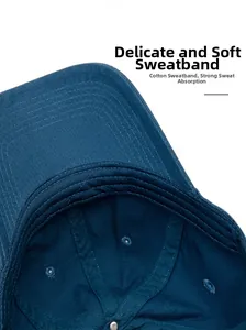 Detail of soft cotton sweatband inside navy baseball cap showing high-quality stitching