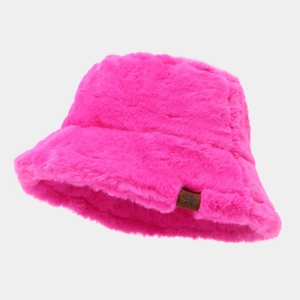 Pink faux fur winter bucket hat with a snowflake leather patch on a clean white background