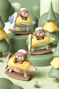 Three colorful 3D cartoon monkey pilots on airplane rockers in a forest setting