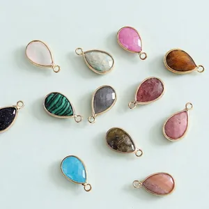 Natural teardrop semi-precious gemstone pendants with gold plating for DIY jewelry making