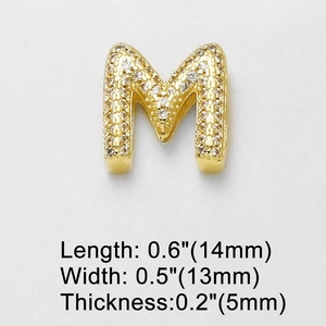 Detail view of gold-plated cubic zirconia letter M pendant with precise size measurements