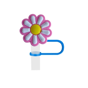 Detail of pink and white daisy silicone straw topper with blue flexible strap