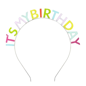 Detail of silver birthday headband with colorful ITS MY BIRTHDAY dripping oil lettering