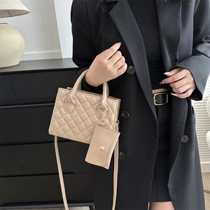 Quilted beige PU leather handbag with matching coin purse and crossbody strap
