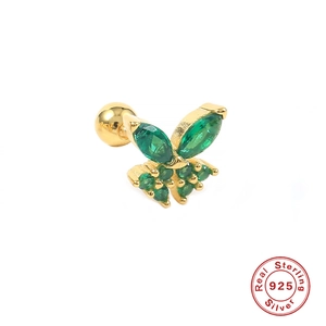 925 silver butterfly cartilage stud earring with green gemstones in gold finish