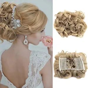 Close-up of blonde wavy hair bun extension with secure double-row combs and mesh base