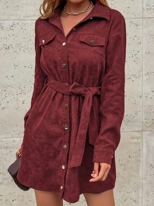 Elegant wine red corduroy shirt dress with waist belt and metal buttons for women