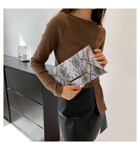 Close-up of stylish snake skin print envelope clutch bag with gold metal trim details