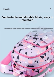 Detail of purple camo backpack with durable polyester fabric and pink zippers